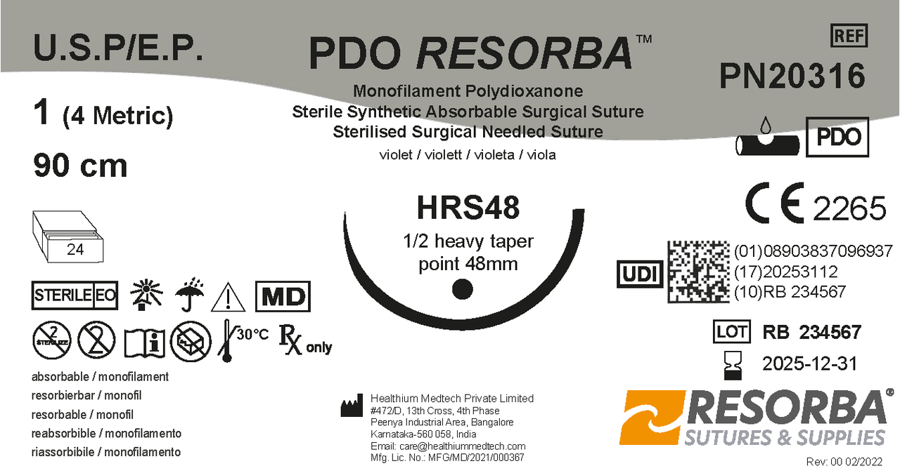 ПДО Ресорба USP1 фіолетовий, довжина 90см, збільш. колюча голка 48 мм, 1/2 кола